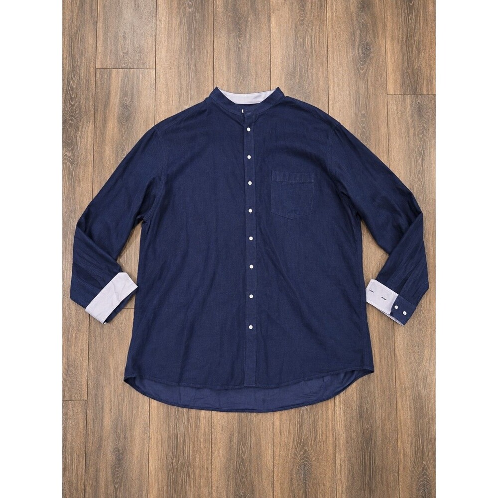 Indochino Mens Navy Band Collar Button Up Custom Shirt Big Tall 35 P2P